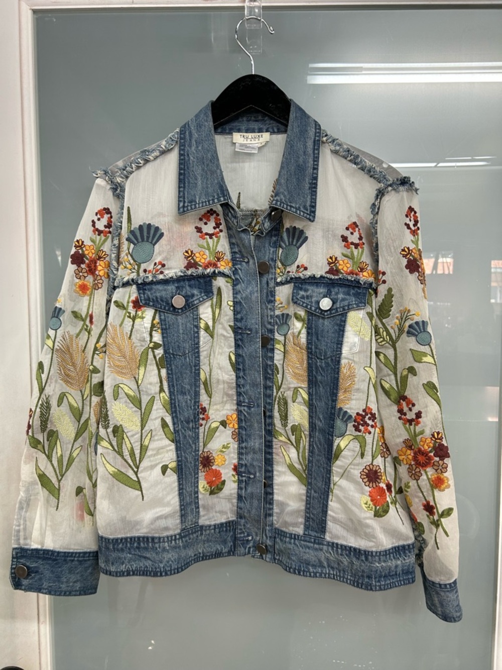 Tru Lux Floral Mesh Denim-Trim Jacket